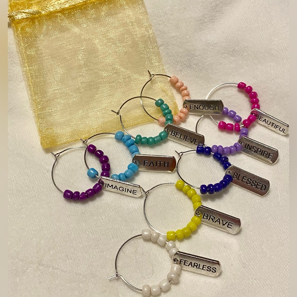 Inspirational Wine Glass Charms with Storage Bag- set of 9 Glass Markers